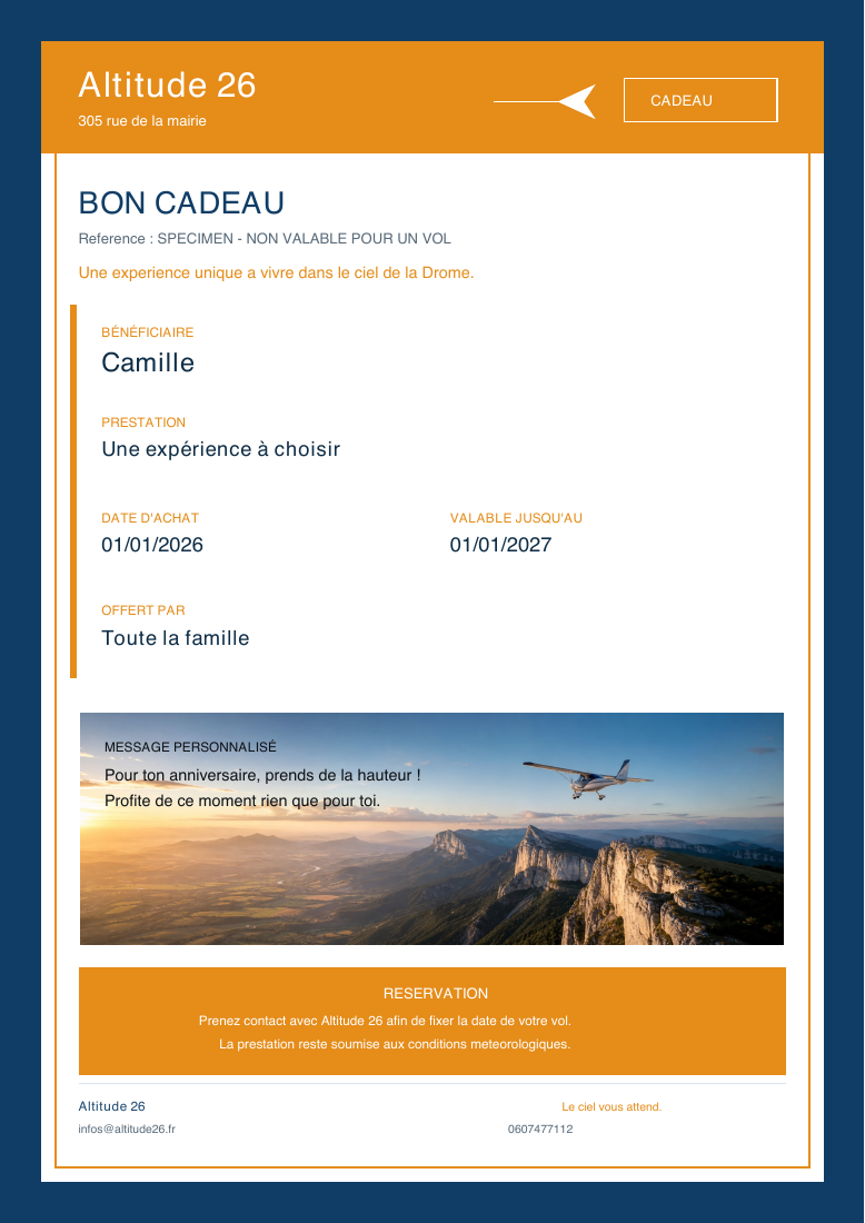 Exemple de bon cadeau personnalisé pour Camille, offert par sa famille, avec son message d’anniversaire. Spécimen non valable pour un vol.